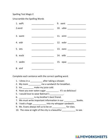 Magic E worksheet