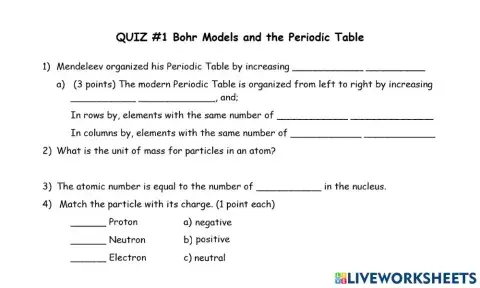 Quiz on The Periodic Table and Bohr Models-A