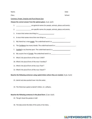 Common, proper, singular and plural nouns