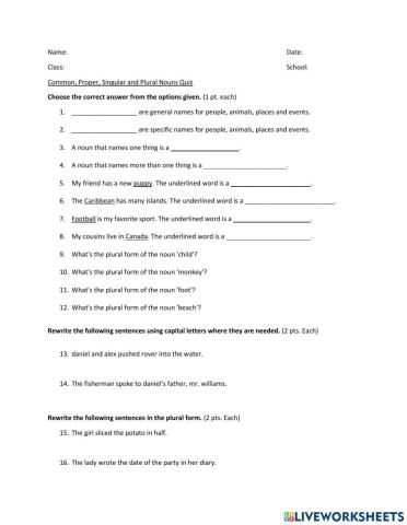 Common, proper, singular and plural nouns