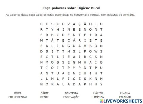Caça-palavras sobre Higiene Bucal