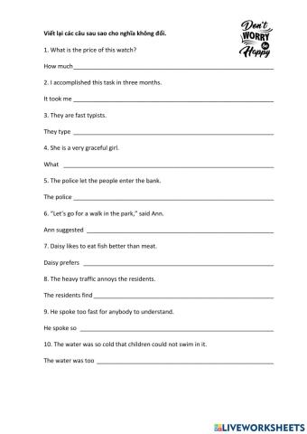 Viết lại câu sao cho nghĩa không đổi (1)