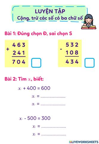 Toán - Luyện tập cộng, trừ số có ba chữ số