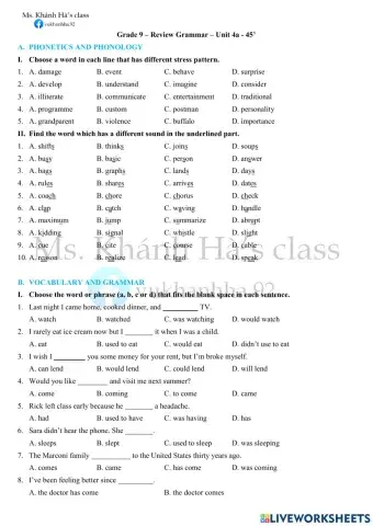 Grade 9 U4a Review grammar