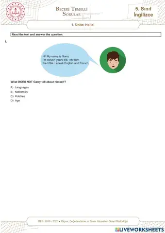 Beceri̇ temelli̇ test 5. sinif 1. üni̇te i̇ngi̇li̇zce