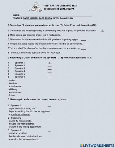 Listening TEST 1ST PERIOD GANDHI B1+