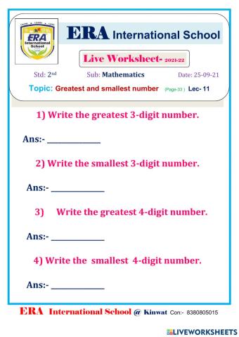 2nd Math L-3  greatest and smallest number   ( Page –33 )  LEC -11