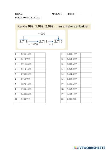 Kendu 999,1.999,2.999... lau zifrako zenbakiei