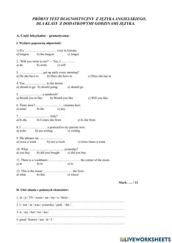 Diagnoza angielski klasa 6