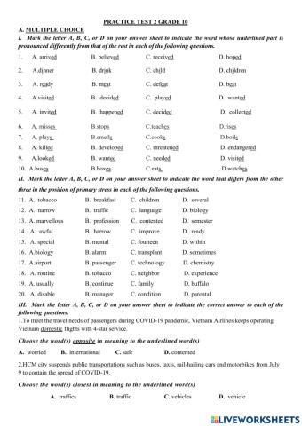 Grade 10 practice test 2 unit 1 and 2