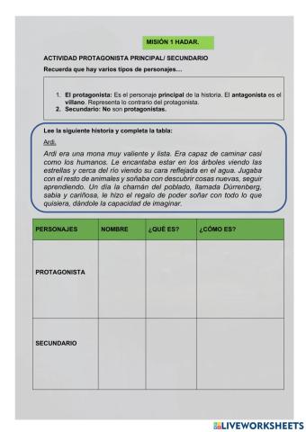 MISIÓN 1. PROTAGONISTA PRINCIPAL. SECUNDARIO
