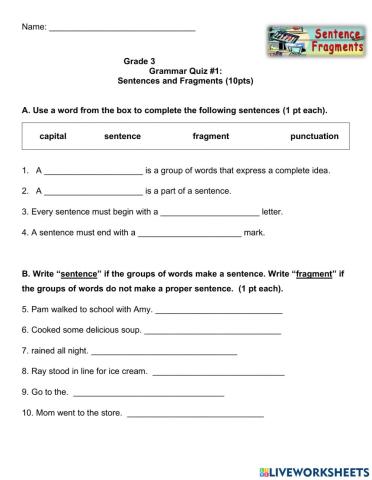 Sentences and Fragments Quiz