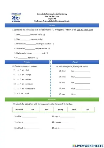 English A1 Partial Exam (First Period)