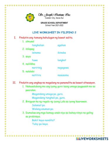 Worksheet -1 Filipino
