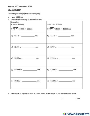 Converting metres to millimetres
