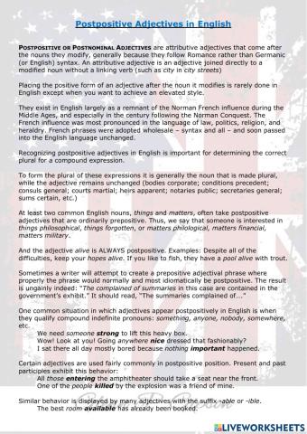 Postpositive Adjectives in English Reading and Questions