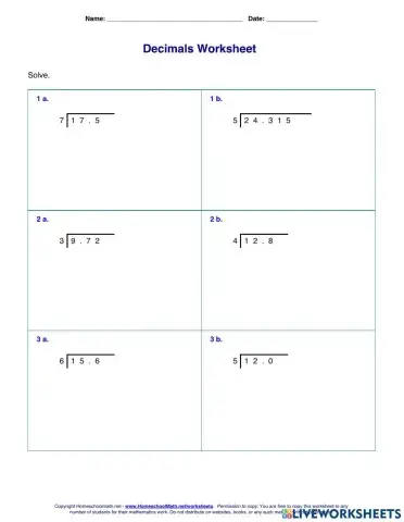 Decimal worksheet