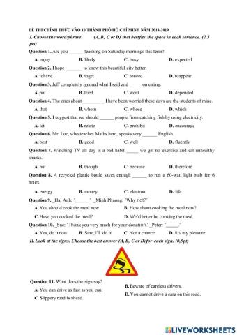 Đề Thi Tiêng Anh vào 10- 2019-2020