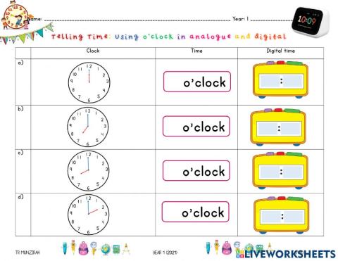 Telling Time: Using o'clock (Digital)