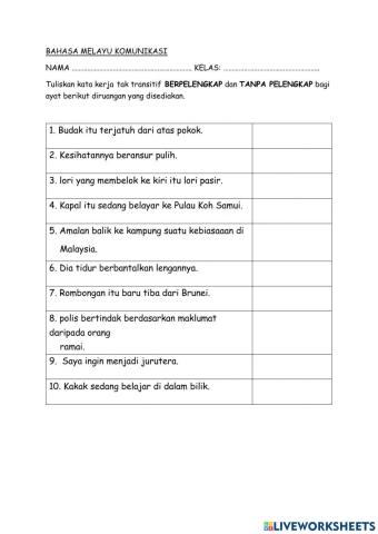 Kata kerja tak transitif berpelangkap dan tanpa pelengkap