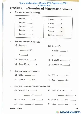 Year 4 Mathematics : Time - Converting seconds and minutes