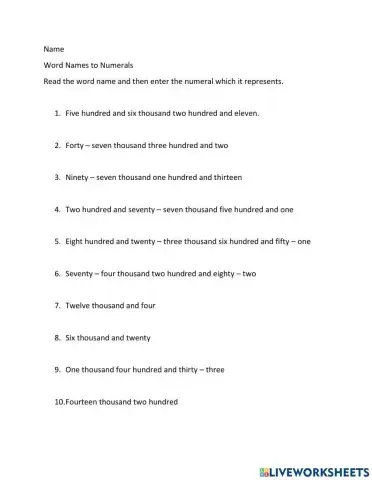 Word Names to Numerals