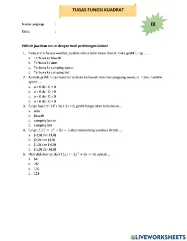 Tugas Pertemuan 10 Fungsi Kuadrat 1