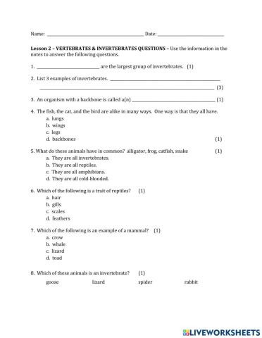 Grade 5-Vertebrates and Invertebrates