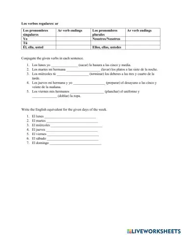 Los verbos ar y los días de la semana