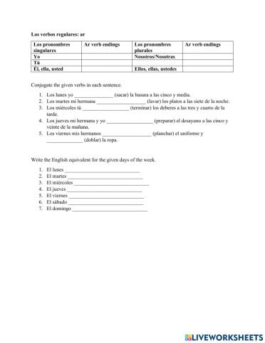 Los verbos ar y los días de la semana