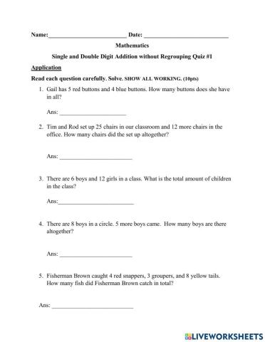 Story Problem Single and Double digit addition Quiz
