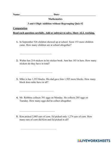Story Problem 3 & 4 digit addition without regrouping Quiz