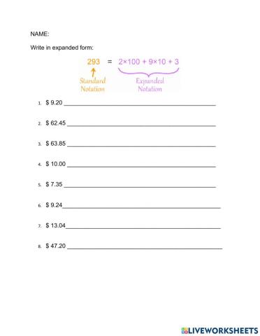 Expanded notation using money