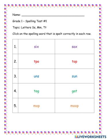 Spelling Test  -1 S,M,T