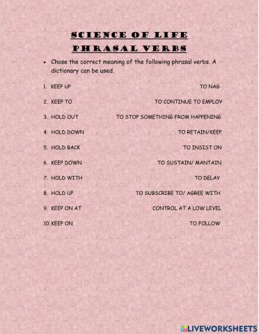 Science of life - phrasal verbs