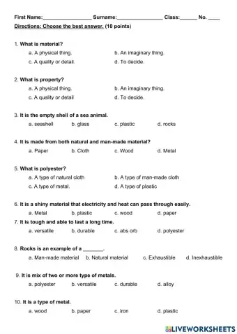 Science Worksheet