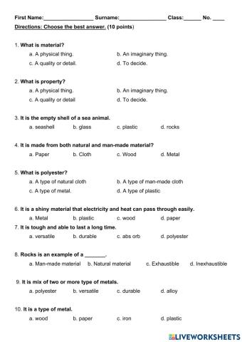 Science Worksheet