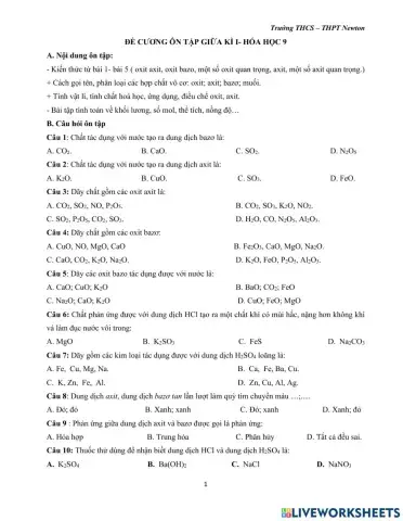 Hóa 9 - Ôn tập giữa kì 1