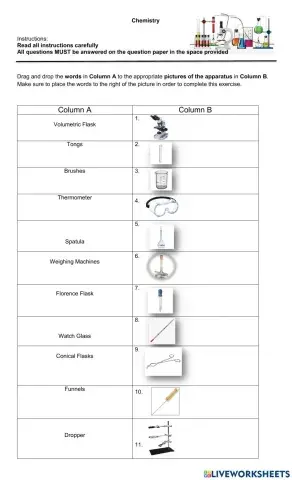Common Apparatus used in a Chemistry Lab - Matching Worksheet