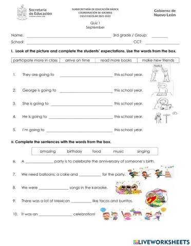 Examen Mensual de Inglés - Septiembre - Third Grade