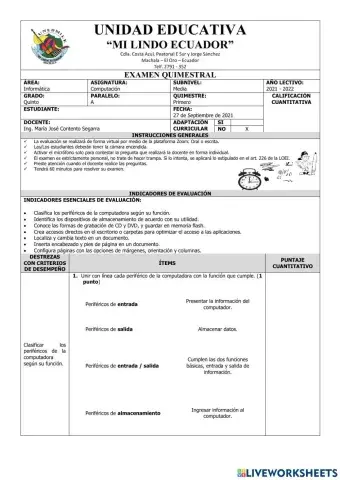 Examen del Primer Quimestre de Computación de Quinto Grado