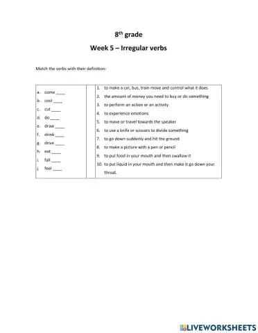 W5 - Irregular verbs definitions 8th grade