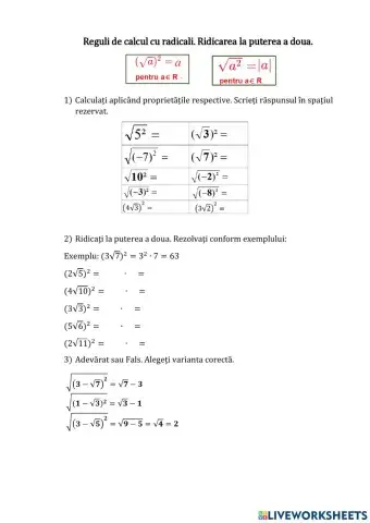 Operații cu radicali. Ridicarea la puterea a doua.