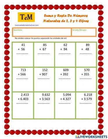 Suma y Resta De Números Naturales de 2, 3 y 4 Cifras