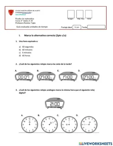 Guía evaluada de unidades de medida de tiempo