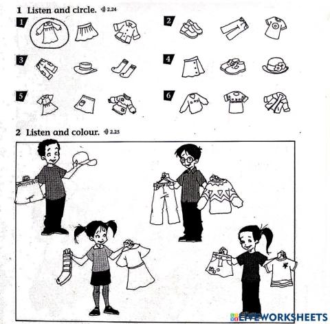 Listen and colour the clothes