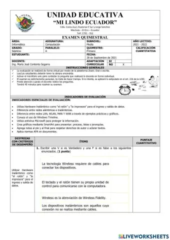 Examen del Primer Quimestre de Computación de Séptimo Grado
