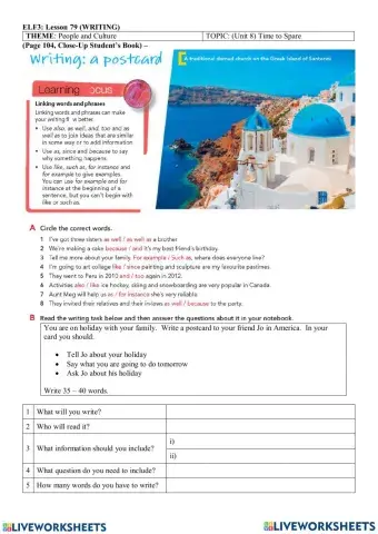 Unit 8: Time to Spare - Writing a postcard (Section A, B and C)