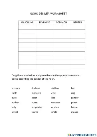 Noun Gender Worksheet