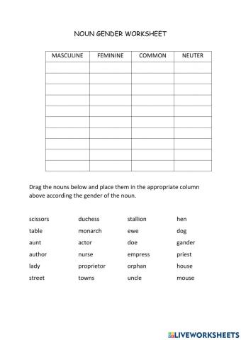 Noun Gender Worksheet